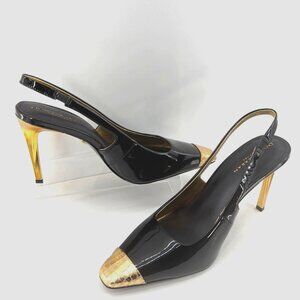 Donna Karan New York Savita Slingback Heels Black Gold Cap Toe Pumps Size 8.5
